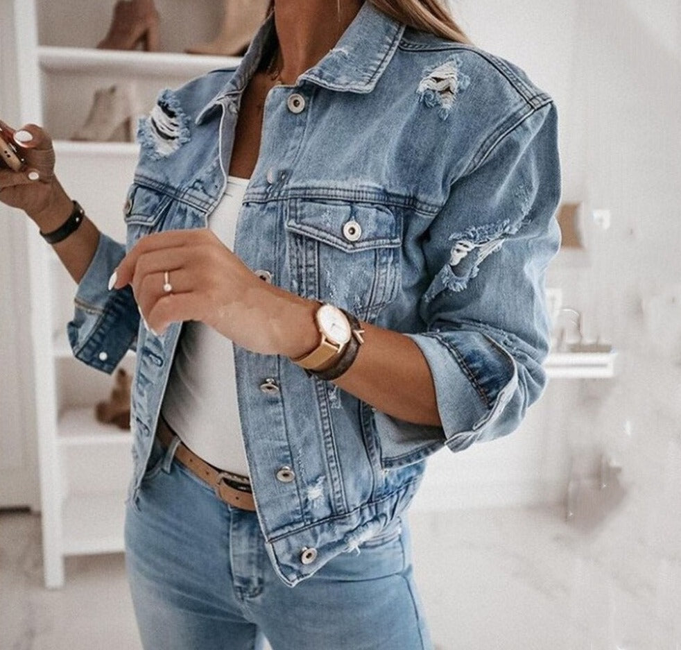 swvws Women's  Casual Short Jean Jacket Sexy Denim Jackets Solid Casual Blue Cowboy Jackets Hole Loose Jean Coats