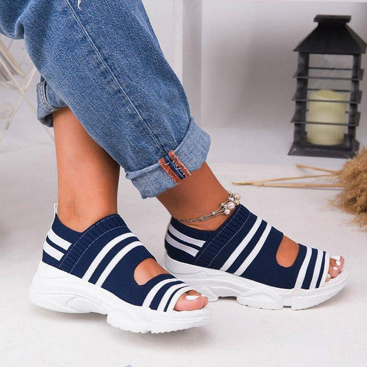 swvws New Women Sandals  High Heels Platform Women Shoes Summer Female Flats Knitting Slip On Peep Toe Casual Women Sandals