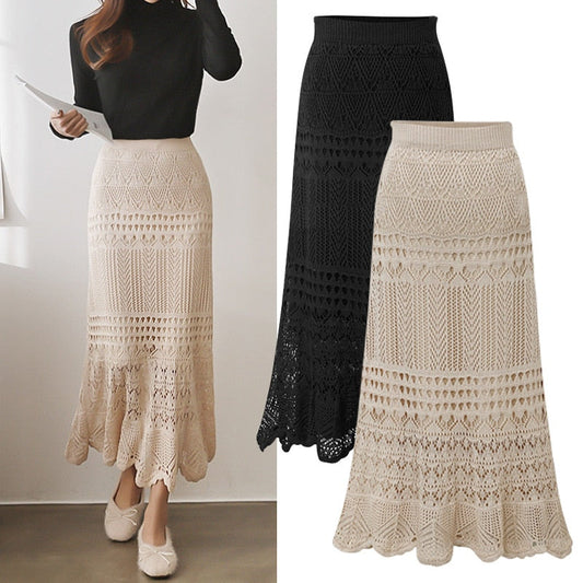 swvws   Korean  New Women Knitting Long Skirts High Waist Flower Hollow Knitted Female Classic Loose Large Long Skirt