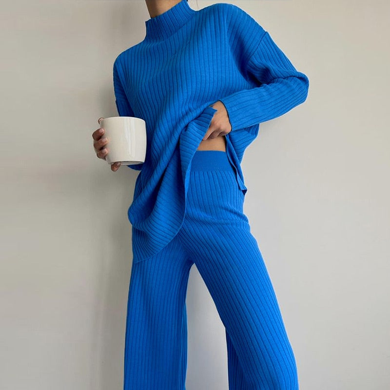 swvws Back To School Women Knitted Outfits Two Piece Set Solid Casual Pullover Tops Hight Waist Long Pants Suit Autumn Winter Oversized Sweater Suits