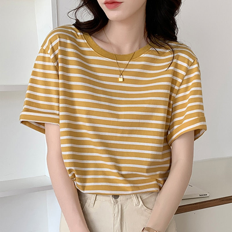 swvws Cotton T Shirt Women  Summer Striped Tshirts For Women Clothing Casual Basic Women's T-Shirt Loose T-Shirts Tee Tops Tshirt