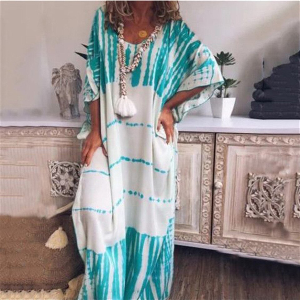 swvws  Summer Women Boho Floral Short Sleeve Long Dress Tunic Loose Beach Holiday Sundress Ladies Casual Loose Holiday Dresses