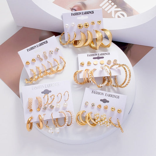 swvws 6Pairs Punk Metal Pearls Big Hoop Earrings for Women Bohomia Gold Color Chain Circle Geometric Drop Earring Fashion Jewelry