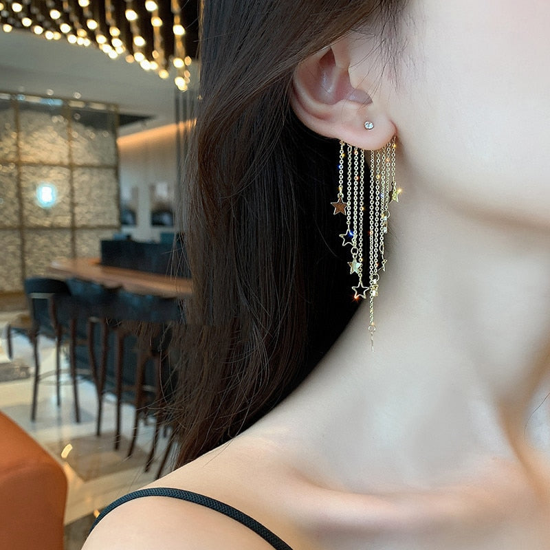 swvws Fashion Stars Tassel Dangle Earrings for Women  New Korean Gold Color Metal Punk Long Chains Crystal Earings Femme Jewelry