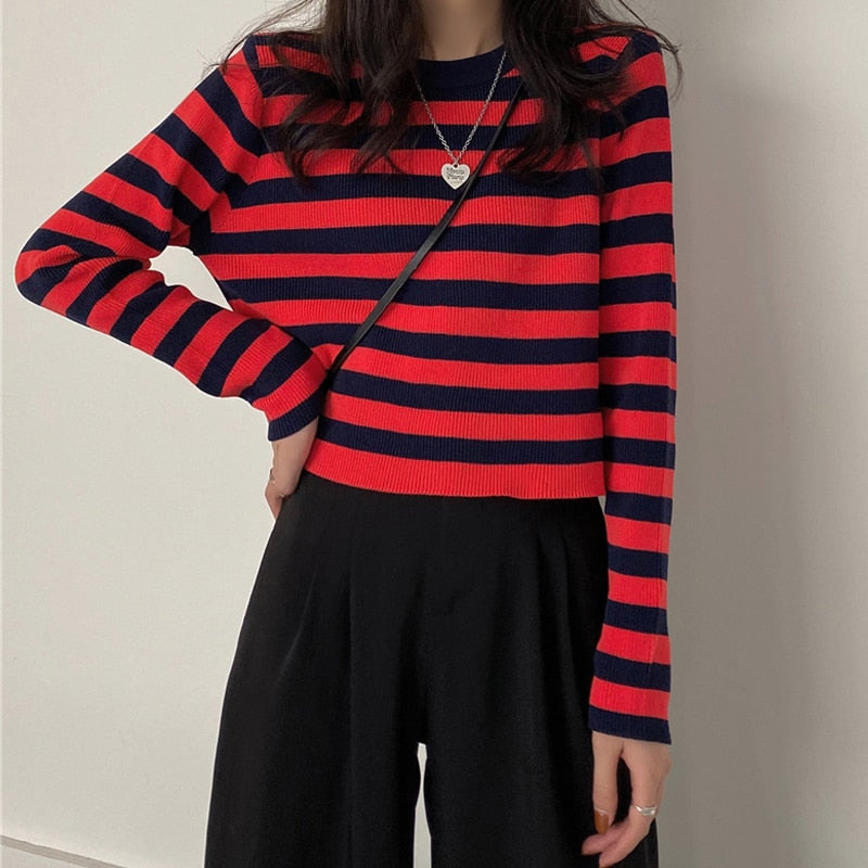 swvws PEONFLY Korean Striped Sweater Women Fashion Basic Casual  Autumn Female Kintted Pullovers Long Sleeve College Wind Jumper