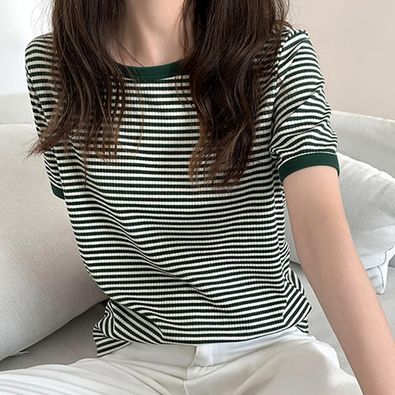 swvws Cotton T Shirt Women  Summer Striped Tshirts For Women Clothing Casual Basic Women's T-Shirt Loose T-Shirts Tee Tops Tshirt