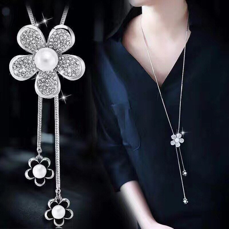 swvws Sunflower Crystal Pendant Necklace Women Fashion Blue White Rhinestone Long Chain Necklaces & Pendants Jewelry