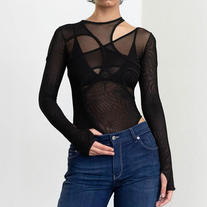 swvws  Women Long Sleeves Fashion Slim See Through Patchwork O Neck Sexy Bodysuit  Summer Fall Clothes Streetwear ASJU83938