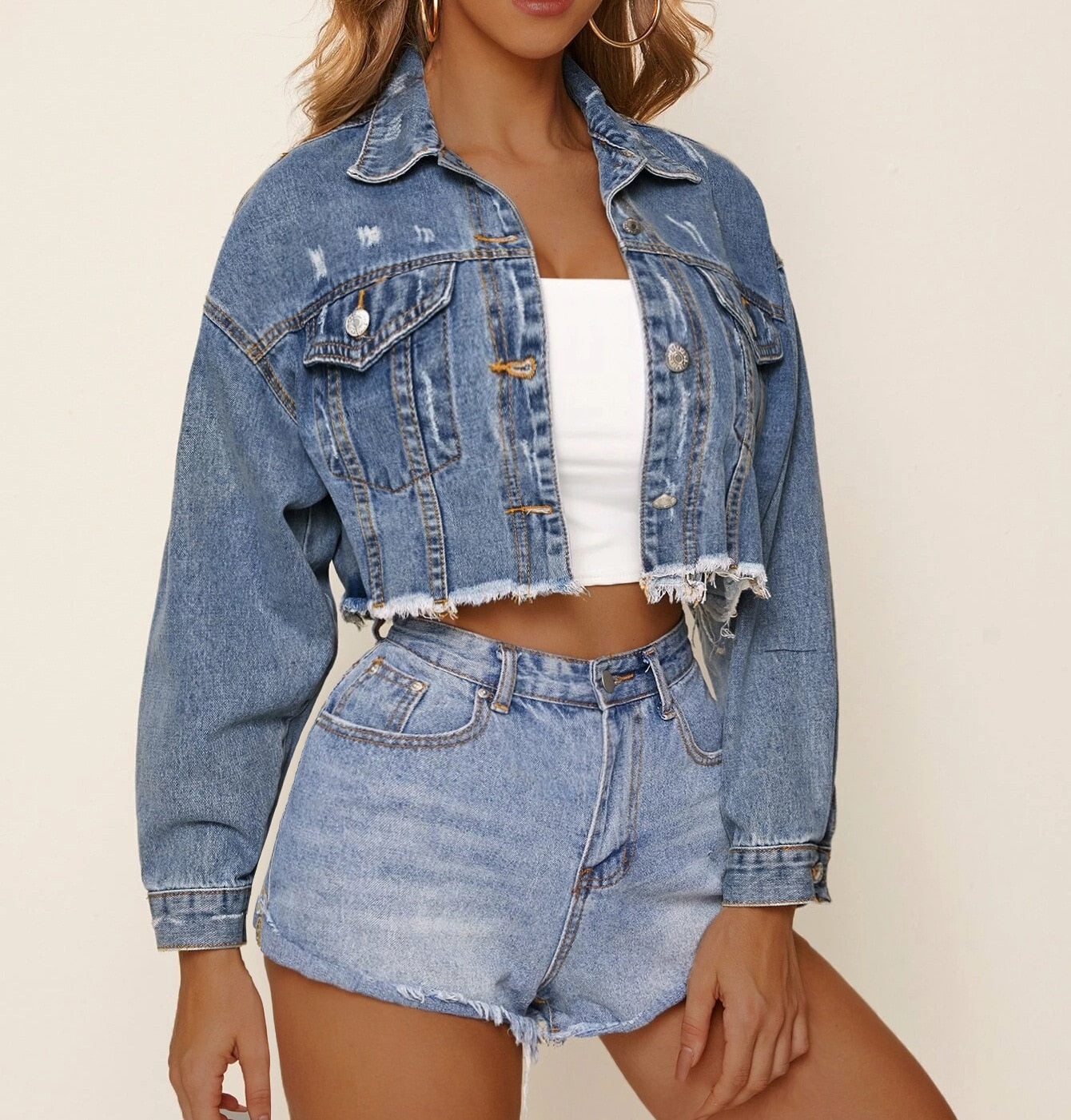 swvws Women's Denim Cropped Jacket Autumn Fashion Single Breasted Short Jeans Jacket Female Streetwear Casual Pockets Long Sleeve Coat