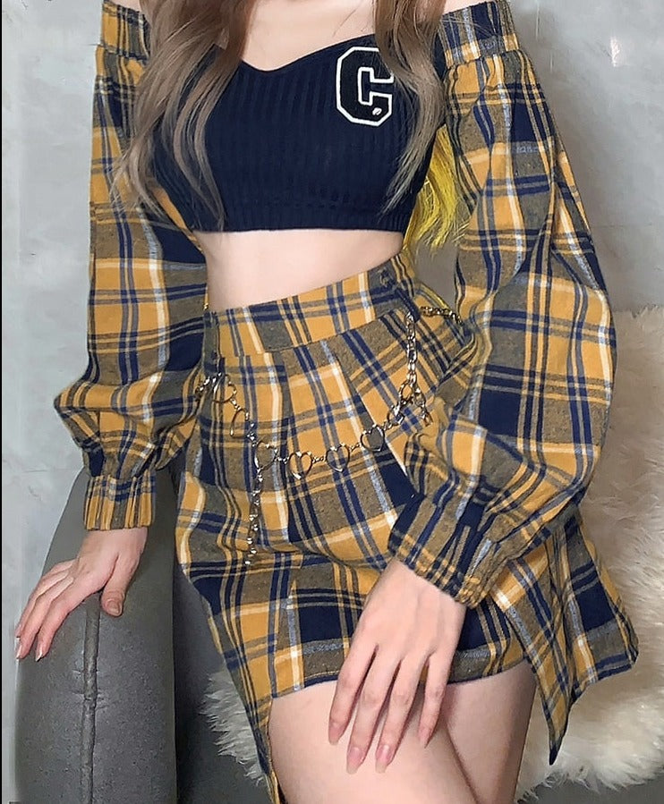 swvws Youth Stitching Contrast Color Plaid Beautiful Wild One-Line Collar Long-Sleeved Short Top With A-Line Skirt 2 Two-Piece XJ0203