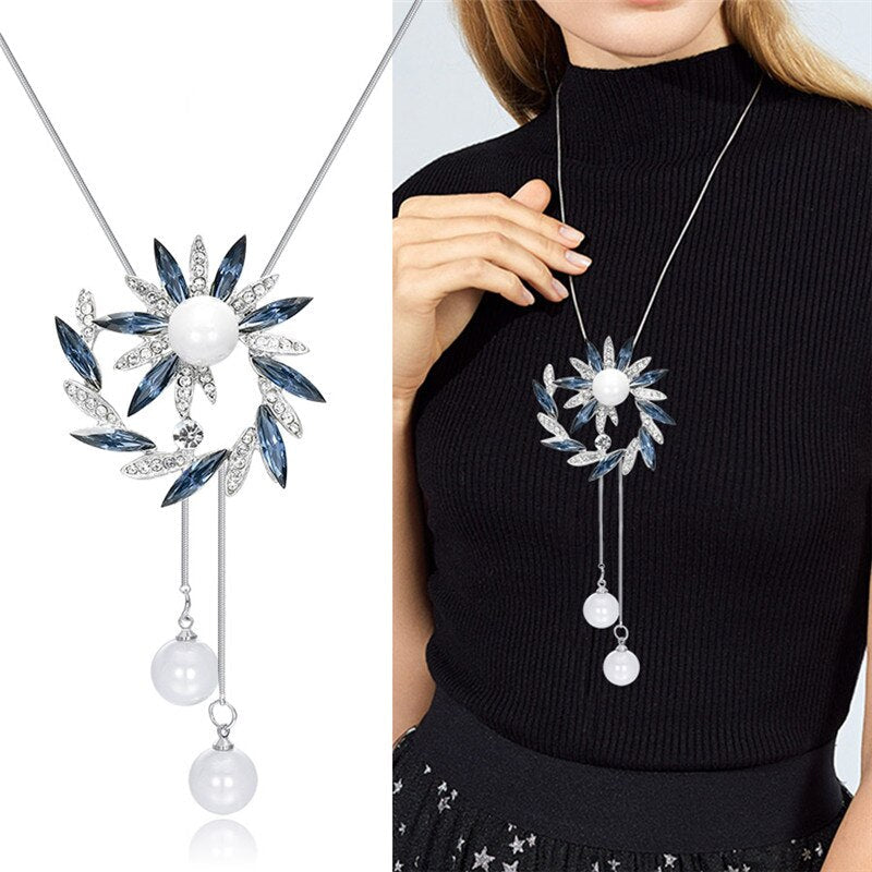 swvws Sunflower Crystal Pendant Necklace Women Fashion Blue White Rhinestone Long Chain Necklaces & Pendants Jewelry