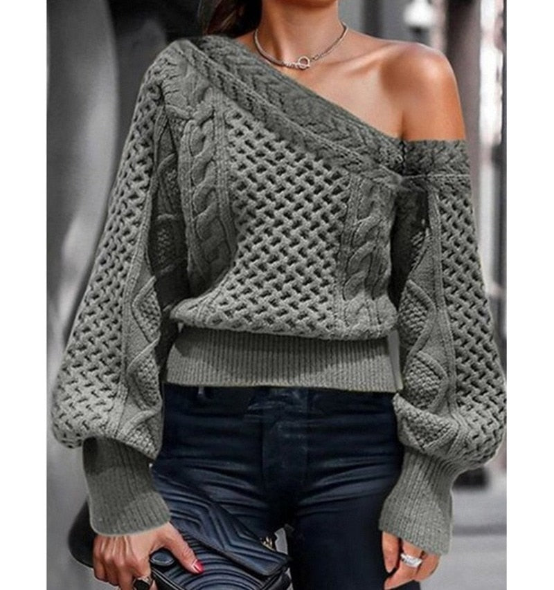 swvws Autumn And Winter Sweater Women's One-Neck Knit Off Shoulder Long Lantern Sleeve Loose Soft Pullover Long Sleeve Sweater