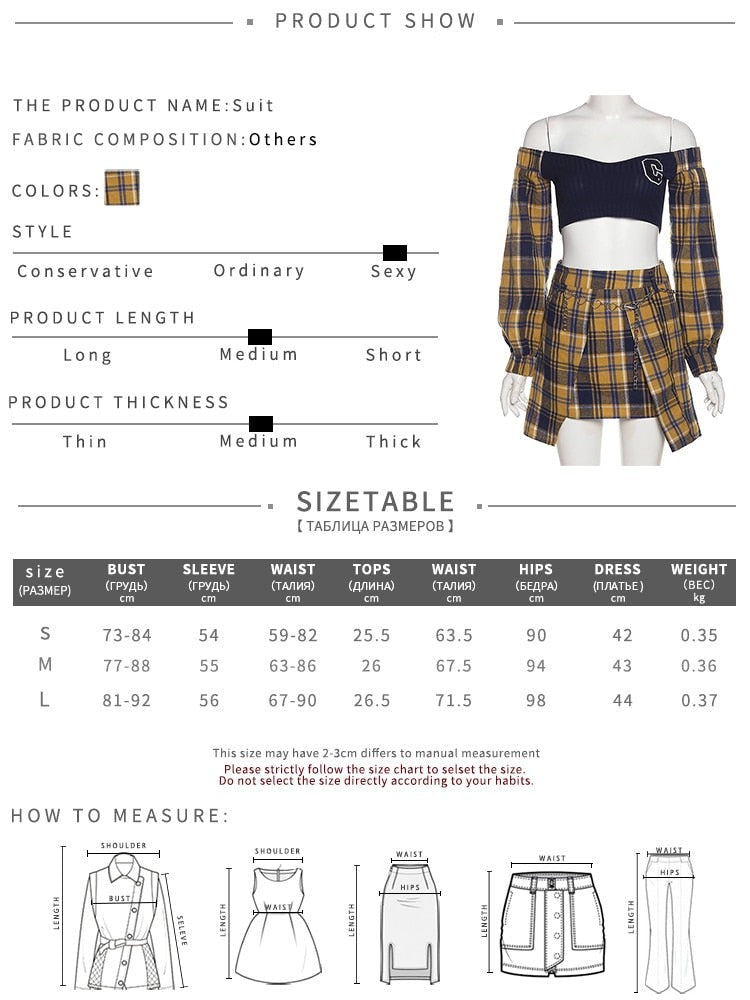 swvws Youth Stitching Contrast Color Plaid Beautiful Wild One-Line Collar Long-Sleeved Short Top With A-Line Skirt 2 Two-Piece XJ0203