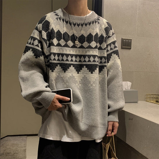 swvws Vintage Winter Grandpa Sweater Men Casual O-Neck Jacquard Sweater Oversized Pullover Hip Hop Korean Harajuku Clothes Warm Jumper