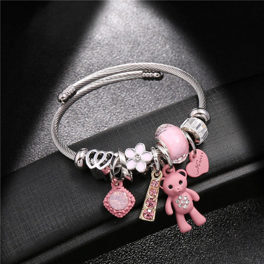 swvws Fashion Bracelets & Bangles Stainless Steel DIY Jewelry Big Pink Bear Pendant Hearts Love Women's Bracelet Cuff Charms Pulseras