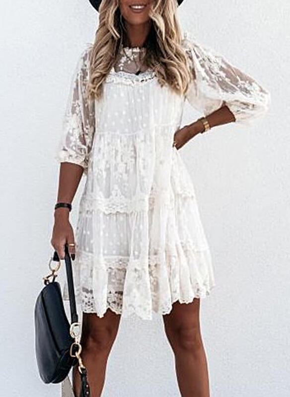 swvws Fashion  Summer Elegant Casual Lace Knee-Length Woman Dress Three Quarter Loose Waist Vintage Solid A-Line Sexy Party Dress