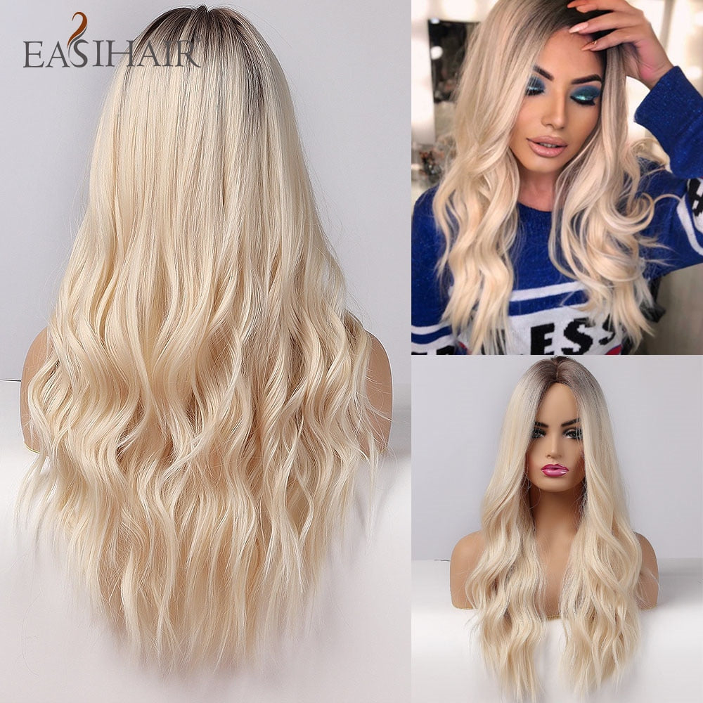 swvws  Long Body Wave Wigs Ombre Black Brown Blonde Synthetic Wig Cosplay Middle Part Natural Heat Resistant Wig For Women