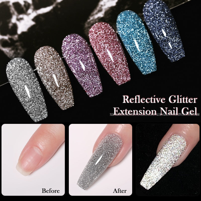 swvws  15Ml Reflective Glitter Acrylic Gel Extension Soak Off 3 In 1 Dark Flashy Nail Art Quick Building Finger Extend Gel