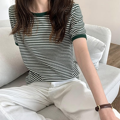 swvws Striped Vintage Short Sleeve T Shirt Women  Summer Korean Fashion T-Shir Soft Tops Tshirts Casual O Neck Tee Shirt Female