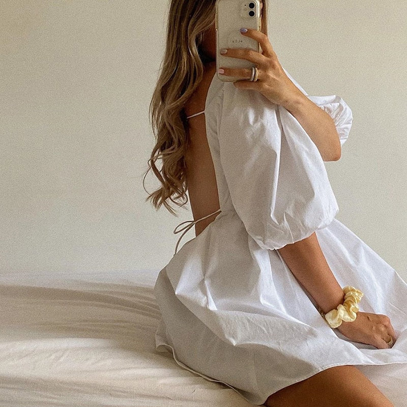 swvws   Sexy Backless Lace Up Mini Dresses Boho White Puff Sleeve Sweet Dress Chic Women Elegant Lady For Wedding Party Summer Clothes