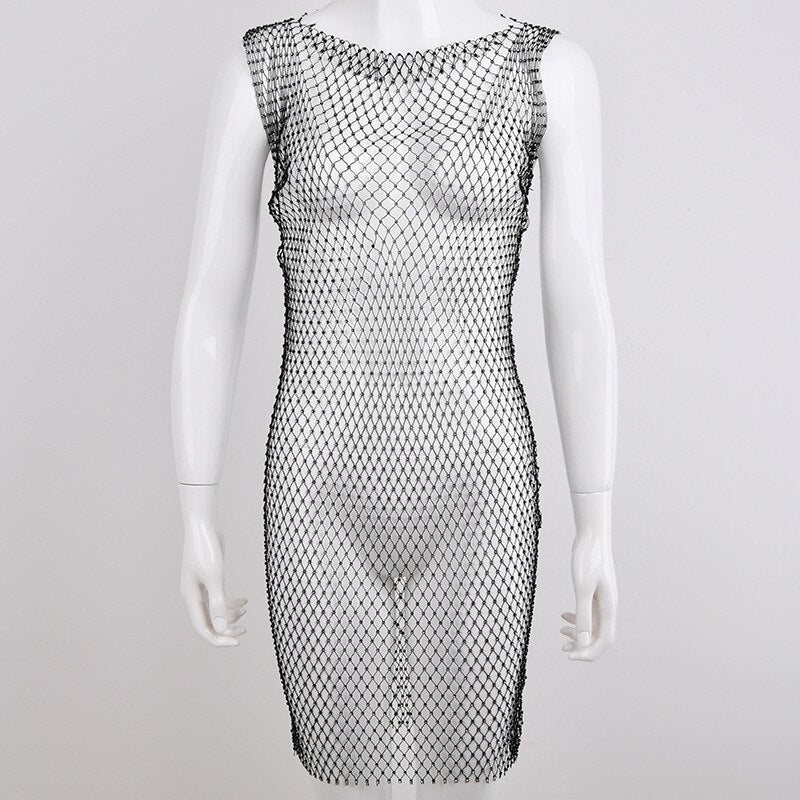 swvws Grid O Neck Sexy Dresses Women Long Sleeve Bodycon Mini Summer Dress Hollow Out Flash Diamond Night Club Party Dress