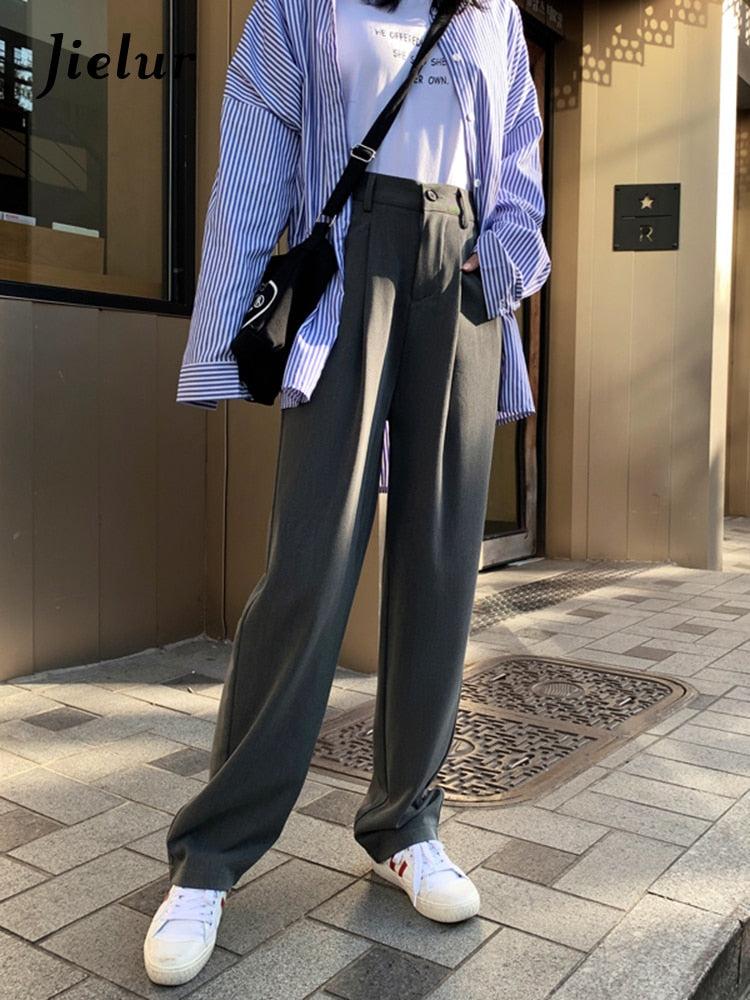 swvws Black Suit Pants Women Spring Office Lady Straight Trousers Solid Color High Waist Pockets Pants Gray Button Zipper Pants