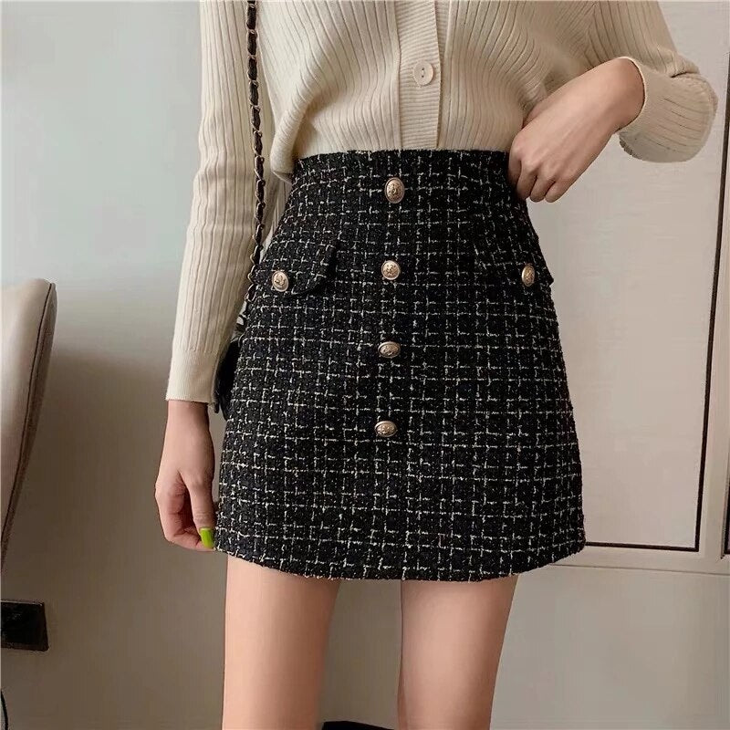 swvws Plaid Tweed Skirts Office Lady High Waist Mini Skirt Woolen Clubwear Vintage Buttons Black White Zipper Shorts Skirt