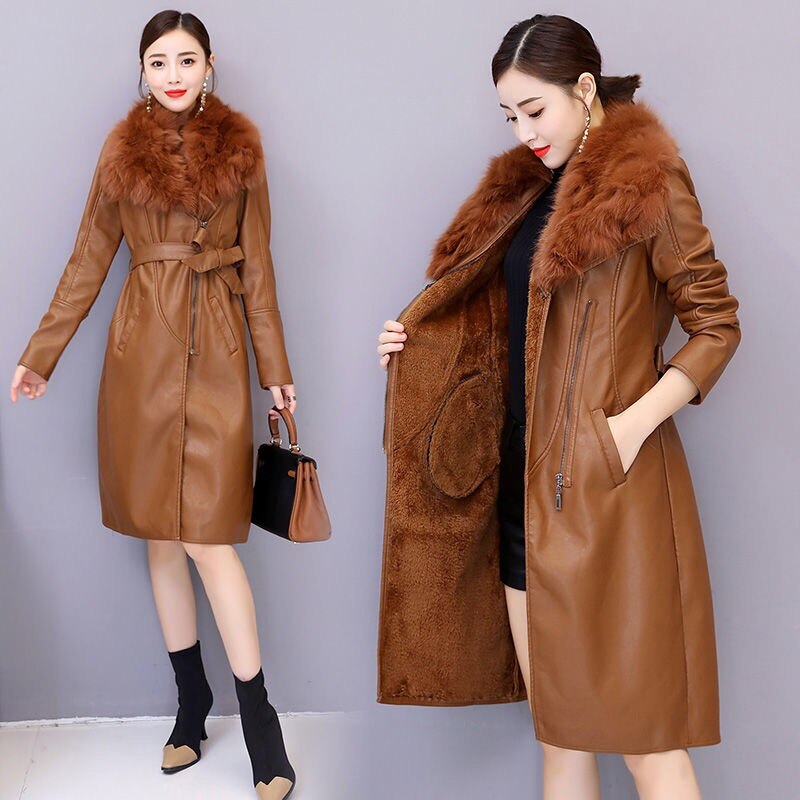 swvws Women's Leather Jacket For Winter  New Plus Velvet Warm Slim Big Fur Collar Long Leather Coat Female Outerwear Winter Coats