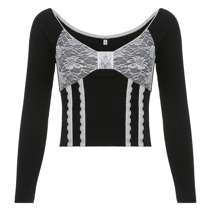 swvws Full Sleeve Big V Neck Bow Patched Pullovers Y2k  Women Lace Crop Tie Up Top Kawaii T Shirt Fairycore Tees