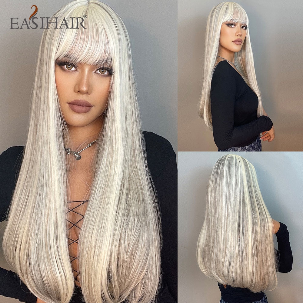 swvws  Long Black Wigs Cosplay Body Wave Synthetic Wigs With Bangs For White/Black Women Brazilian American Natural Hair