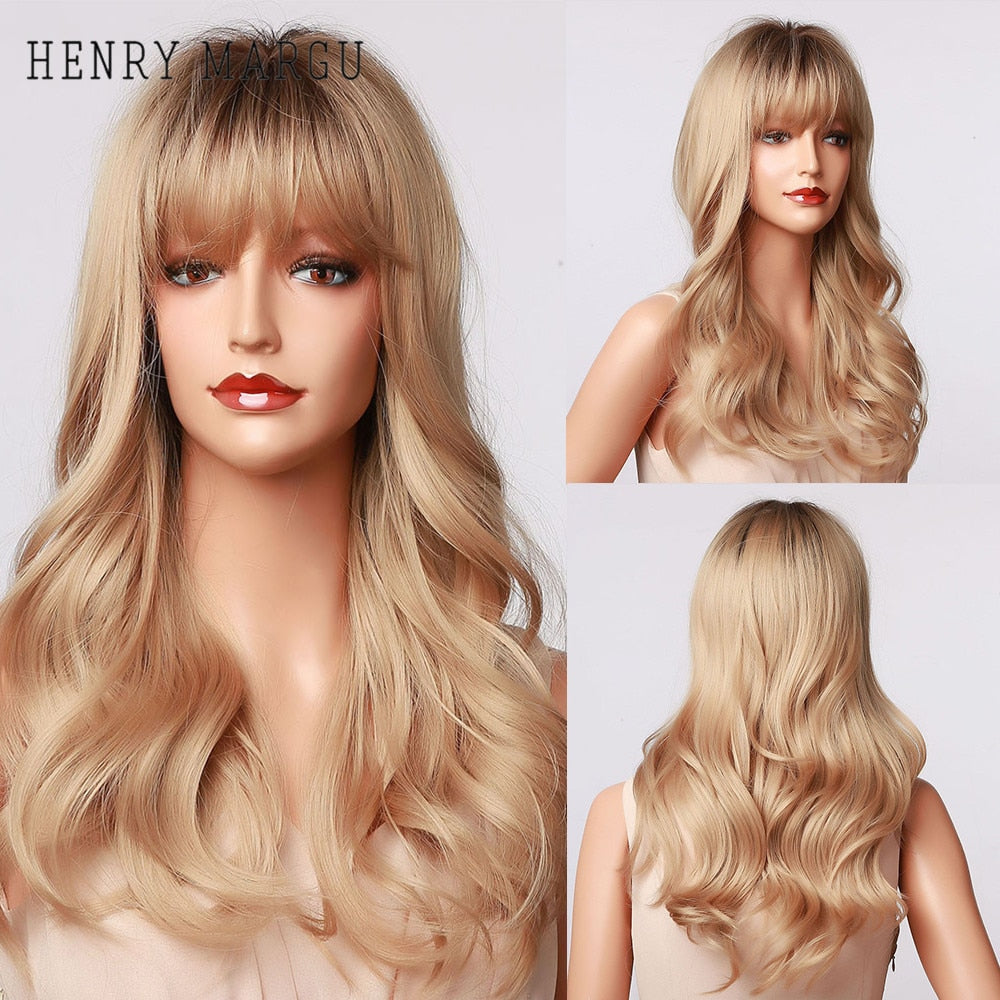 Long Ombre Brown Light Ash Platinum Blonde Wavy Wigs Cosplay Party Synthetic Wig for Women High Temperature Fibre