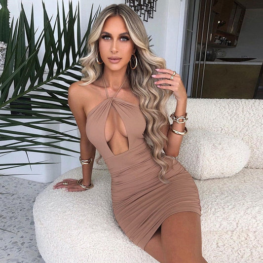 Townlike Halter Slim Sexy Boycon Dress Women Hollow Out Pleated Bandage Dress Backless Mini Summer Dresses Vestidos