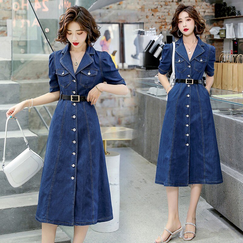 swvws  Summer  Women Denim Straight Slim Jeans Solid High Waist Short Sleeve Casual Dresses