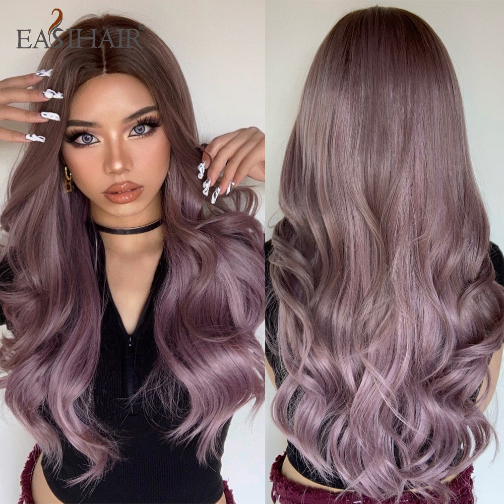 swvws Ombre Brown Mixed Purple Blonde Long Synthetic Wave Wigs For Women Heat Resistant Colorful Fiber Cosplay Lolita Wigs