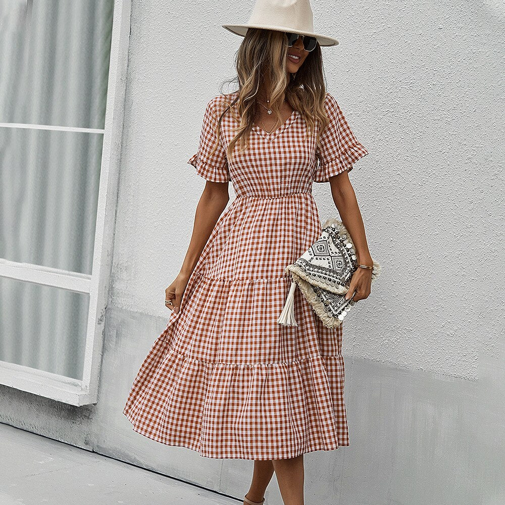 Spring Summer Plaid Casual Long Dress Women V Neck Slim High Waist Ladies New A Line Party Maxi Dress