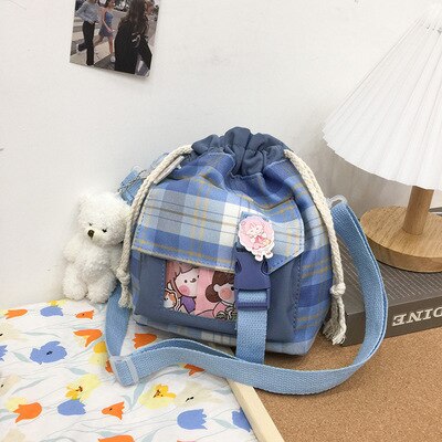 swvws New Summer Bucket Bag Women Plaid Nylon Bag Girls Small Crossbody Bags Handbag Mobile Phone Bag Drawstring Shoulder Bag Bolsos