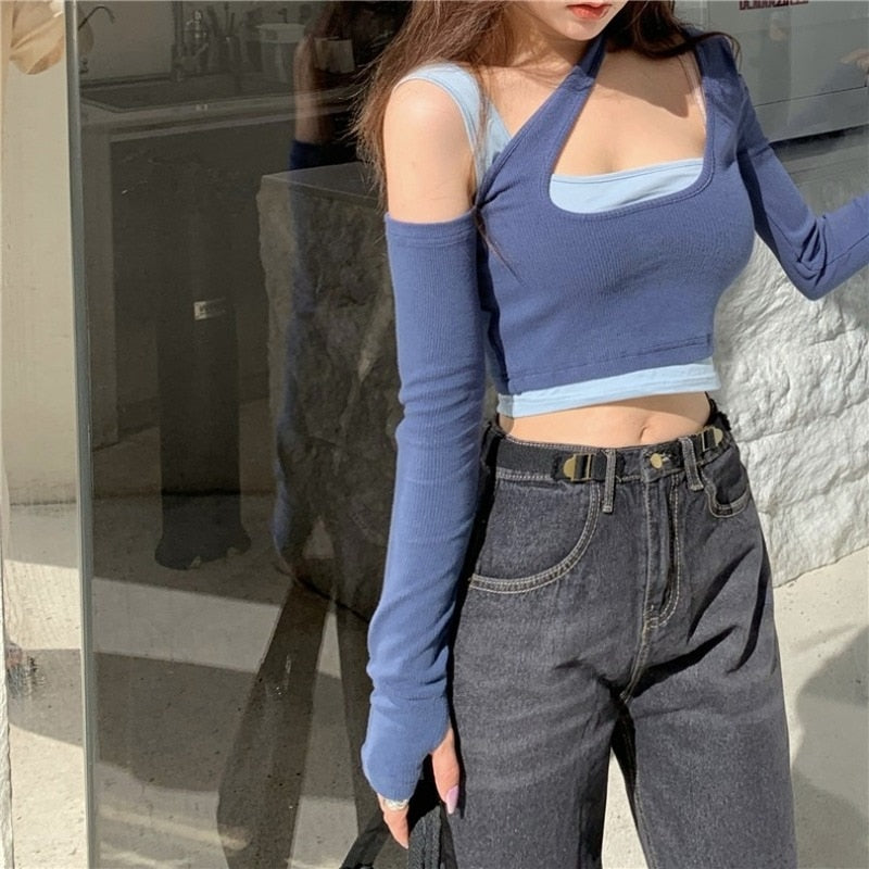 swvws Sexy Patchwork Long Sleeve T-Shirts Women Slim Fit Fashion Crop Tops Hot Girls Irregular Skinny Elegant Casual Off-Shoulder Tees