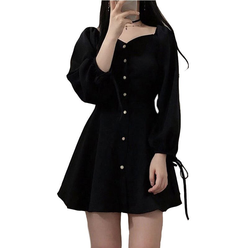 swvws Vintage Gothic Black Dress Women Autumn Long Sleeve Lace Up Goth Party Dresses Female Sexy V-Neck High Waist Mini A-Line Dresses