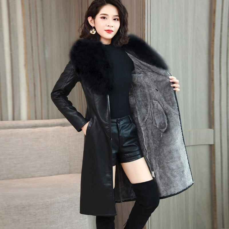 swvws Women's Leather Jacket For Winter  New Plus Velvet Warm Slim Big Fur Collar Long Leather Coat Female Outerwear Winter Coats