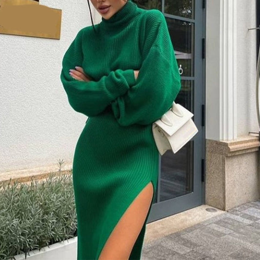 swvws Knit Women's Turtleneck Sweater Midi Skirt Set  Winter Loose Long Sleeve Pullovers Side Split Skirts Sets Ladies Sexy Suit