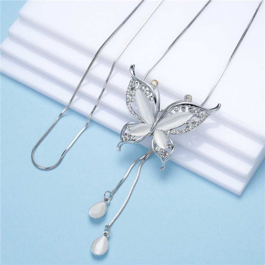 swvws Choker Necklace for Women Opal Stone Big Butterfly Collier Femme Fashion Jewelry Korean Long Chain Kolye Gift for Girl