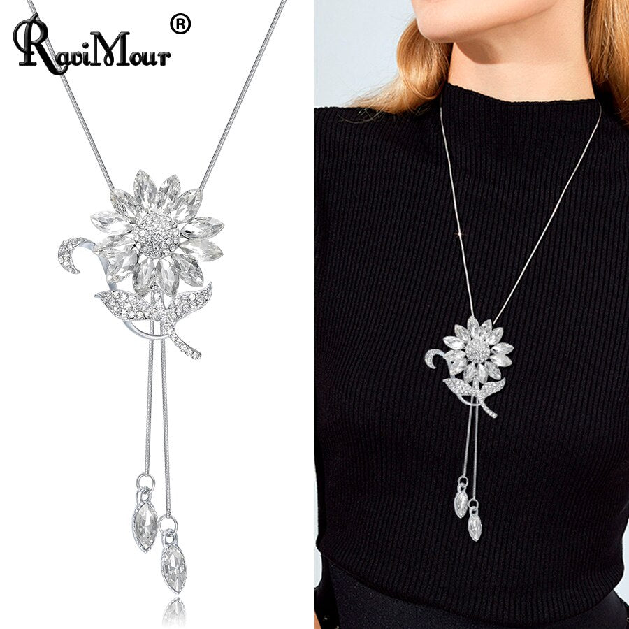 swvws Sunflower Crystal Pendant Necklace Women Fashion Blue White Rhinestone Long Chain Necklaces & Pendants Jewelry