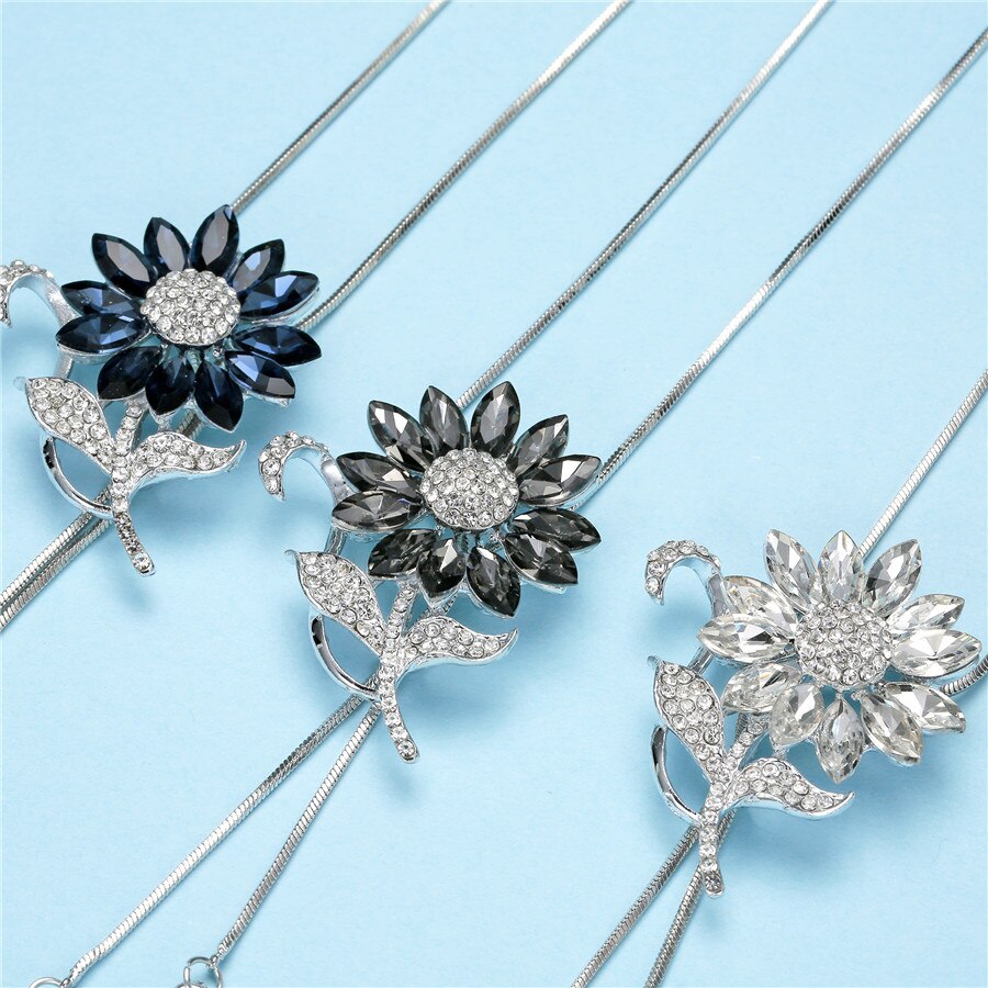 swvws Sunflower Crystal Pendant Necklace Women Fashion Blue White Rhinestone Long Chain Necklaces & Pendants Jewelry