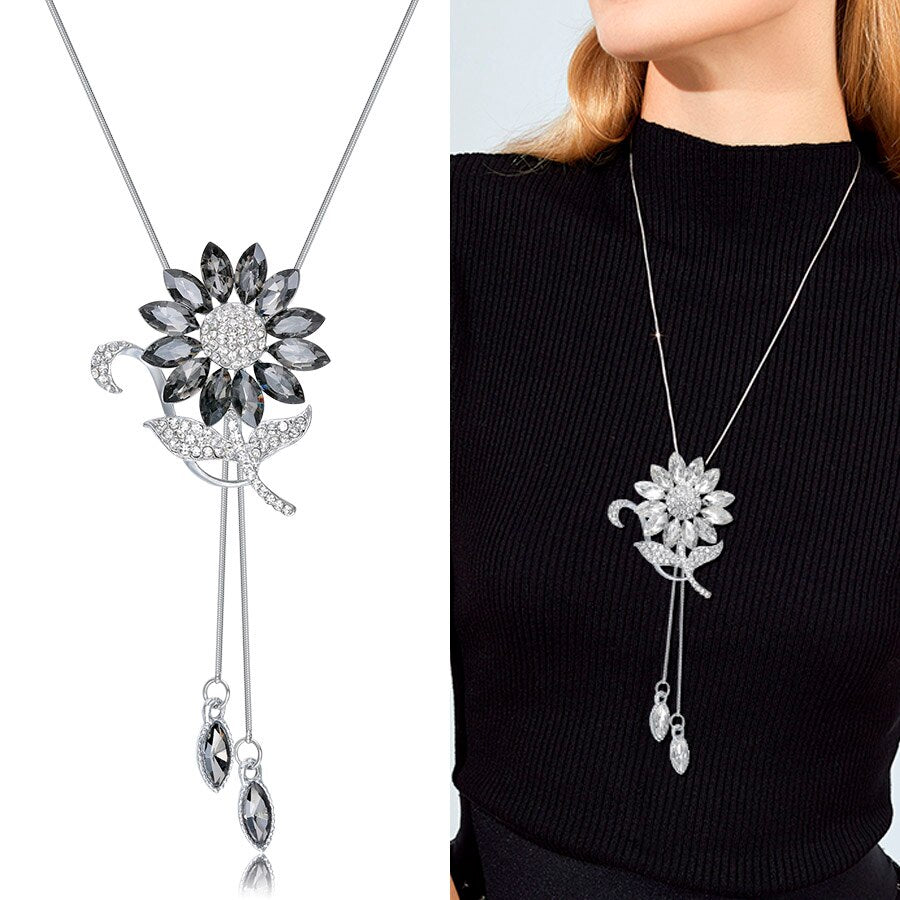 swvws Sunflower Crystal Pendant Necklace Women Fashion Blue White Rhinestone Long Chain Necklaces & Pendants Jewelry