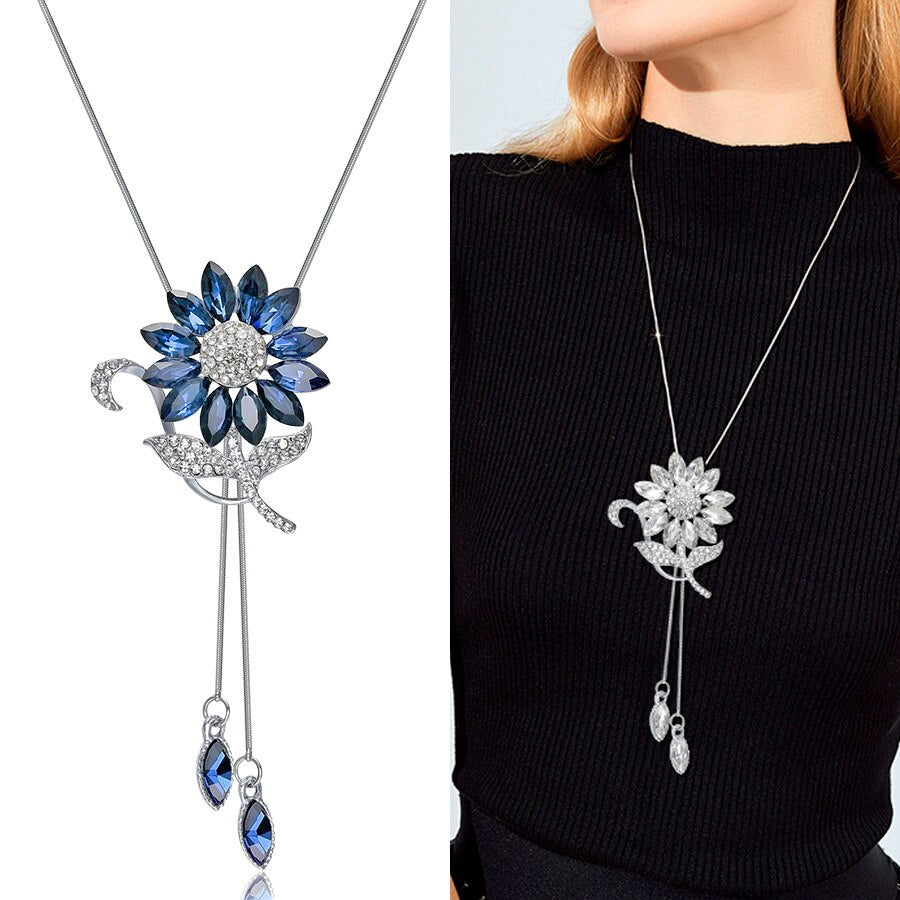 swvws Sunflower Crystal Pendant Necklace Women Fashion Blue White Rhinestone Long Chain Necklaces & Pendants Jewelry