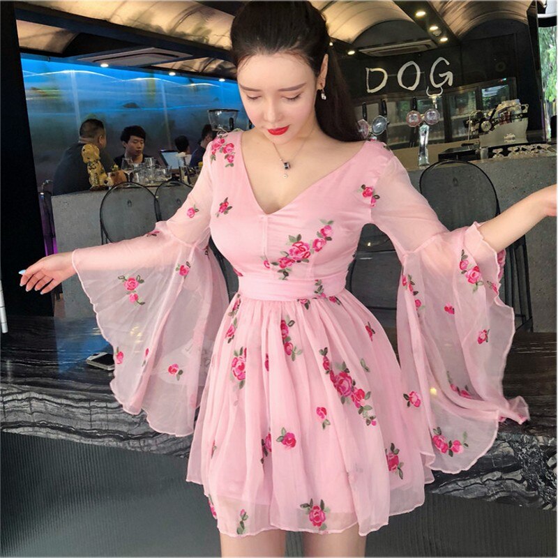 swvws  New Summer Vintage Bandage Flowers Embroidery Dress Women Pink Long Flare Sleeve V-Neck Dress Vintage Sexy Party Dresses