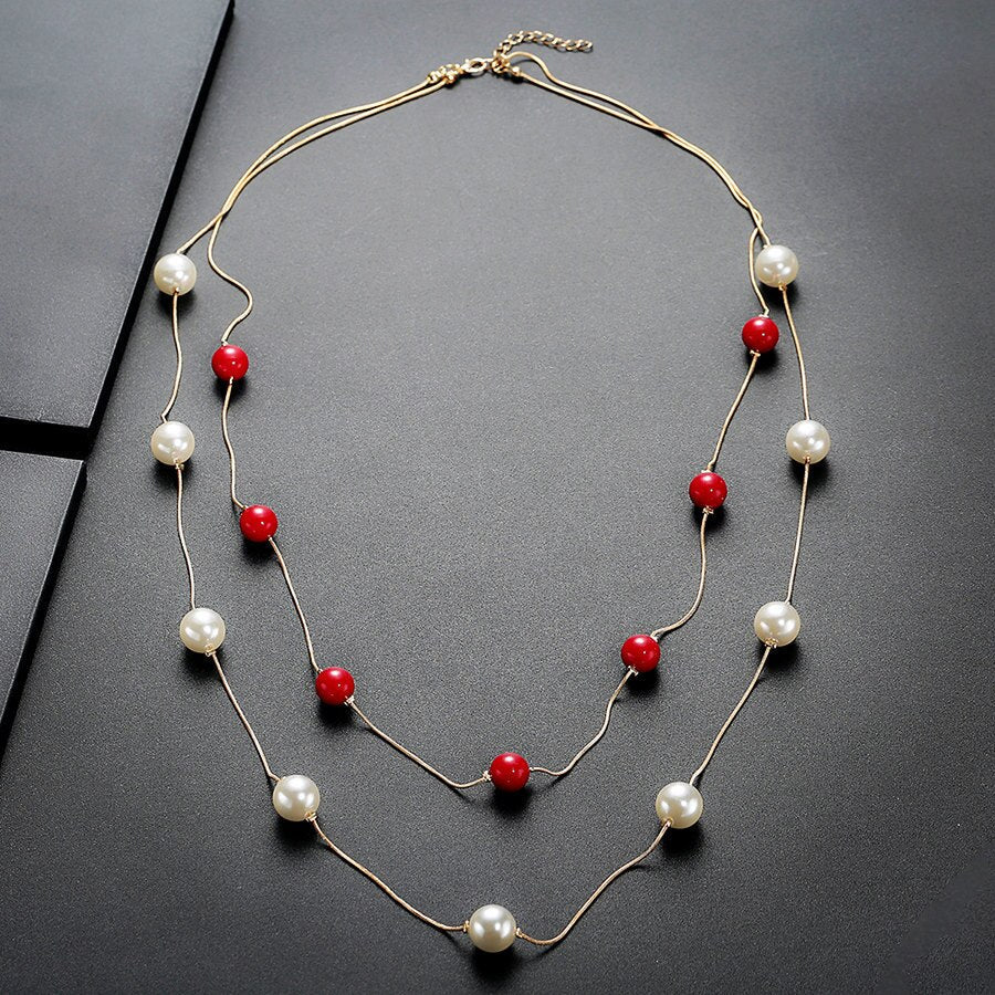 swvws 4 Colos Red Simulated Pearl Necklace Women Long Chain Multilayer Choker Necklace Jewelry Trendy Sweater Accessories