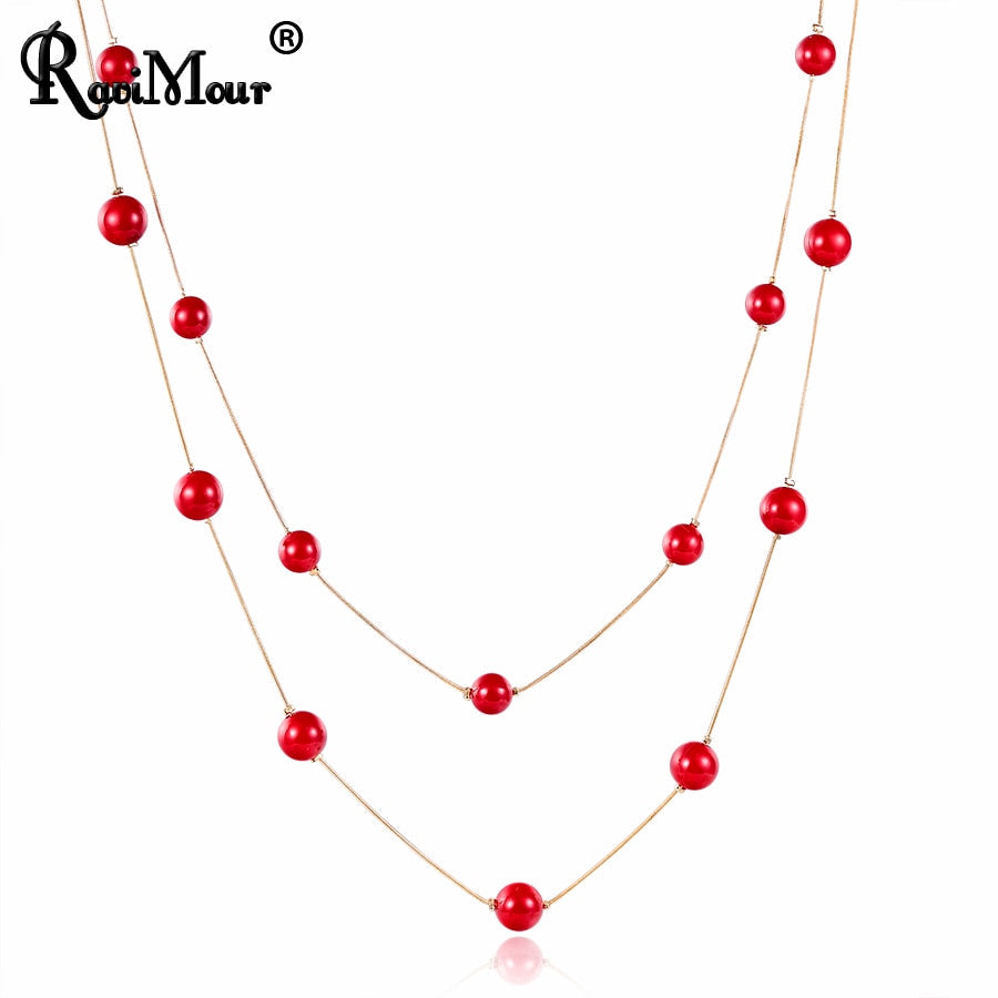 swvws 4 Colos Red Simulated Pearl Necklace Women Long Chain Multilayer Choker Necklace Jewelry Trendy Sweater Accessories