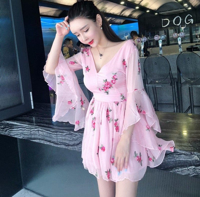 swvws  New Summer Vintage Bandage Flowers Embroidery Dress Women Pink Long Flare Sleeve V-Neck Dress Vintage Sexy Party Dresses