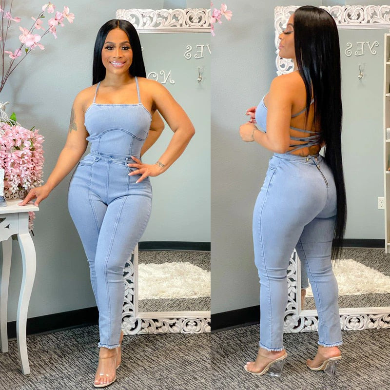 swvws   Plus Size Sexy Back Lace Up Bandage Hollow Out Jumpsuit Women Off Shoulder Denim Long Jumpsuit Sleveless Summer Jeans Overalls